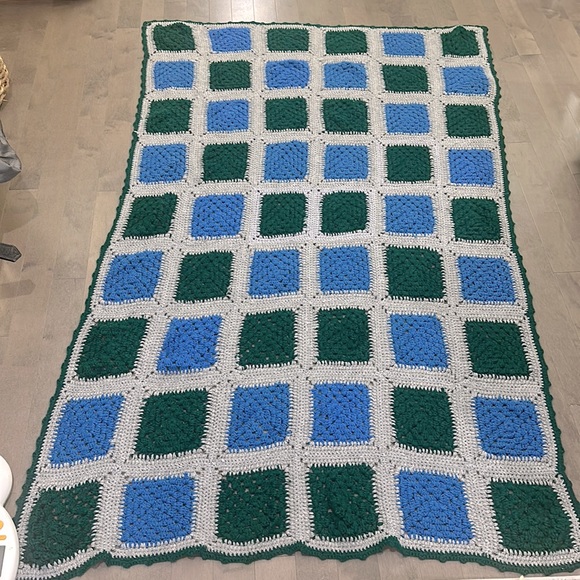 Vintage Granny Square Afghan Crochet Knit Blanket 45” x 75” Blue Green Grey - Picture 1 of 2